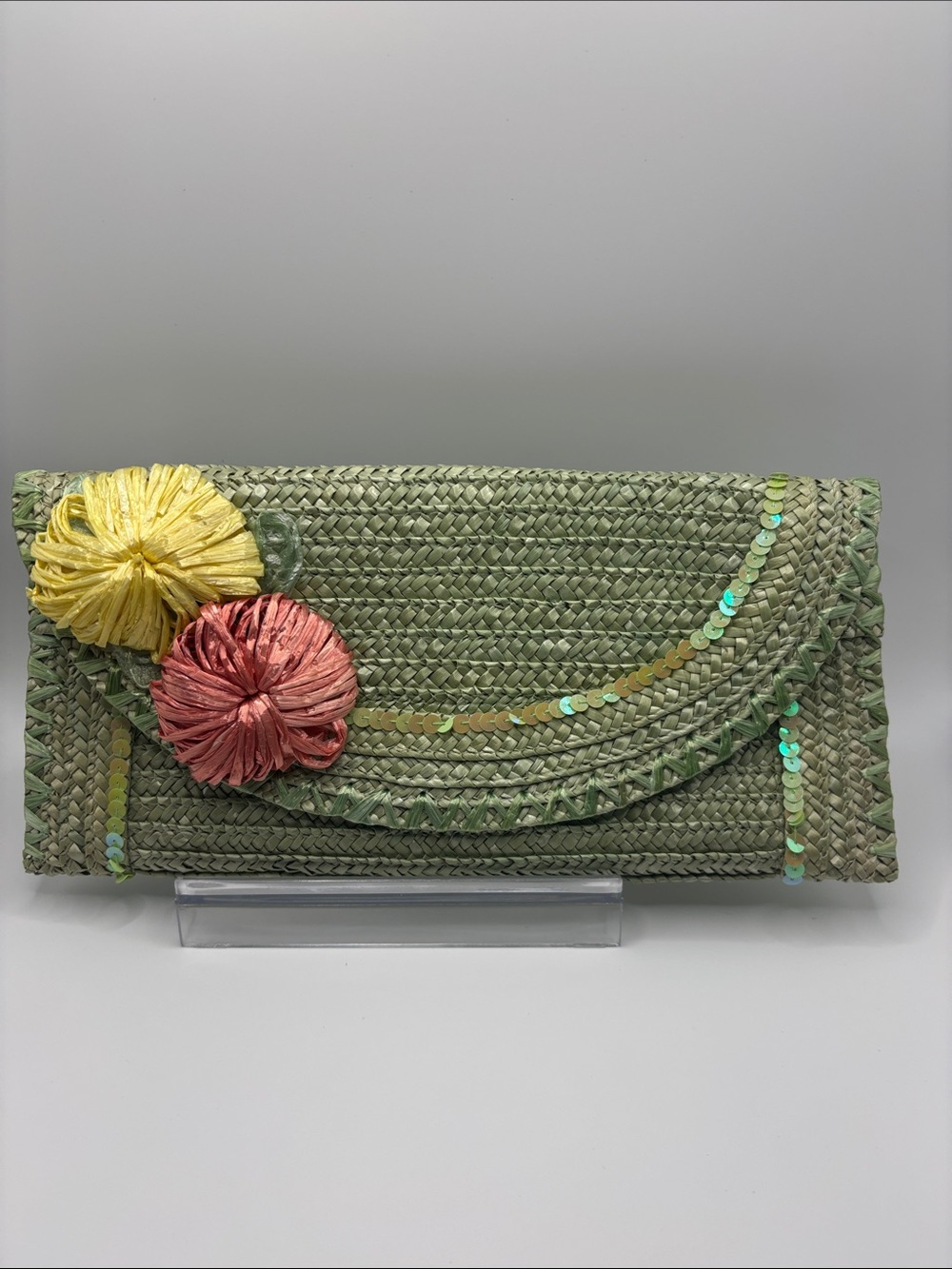 Green Woven Clutch with Yellow and Coral Flower Accents by